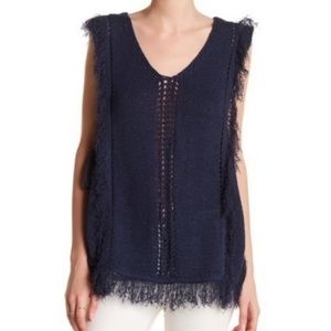 MOON RIVER Navy Fringe Knit Sweater, Size M